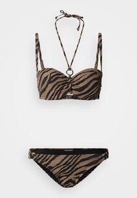 Σετ μπικίνι με καφέ και μαύρο μοτίβο ρίγες τίγρης, με στηριγμένο πάνω μέρος, ρυθμιζόμενους ιμάντες και ταιριαστό κάτω μέρος με διακοσμητικές λεπτομέρειες.