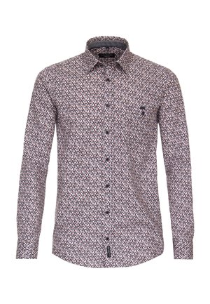 Chemise à manches longues avec boutons et petit motif géométrique en violet, blanc et noir, dotée d'un col classique et d'un logo sur la poitrine.