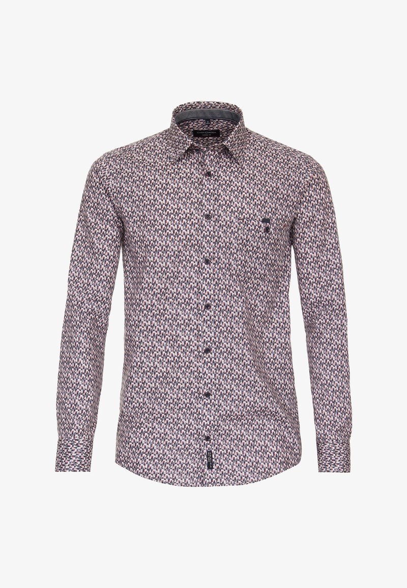Camicia a maniche lunghe con bottoni, con un piccolo motivo geometrico in viola, bianco e nero, caratterizzata da un colletto classico e un logo sul petto.