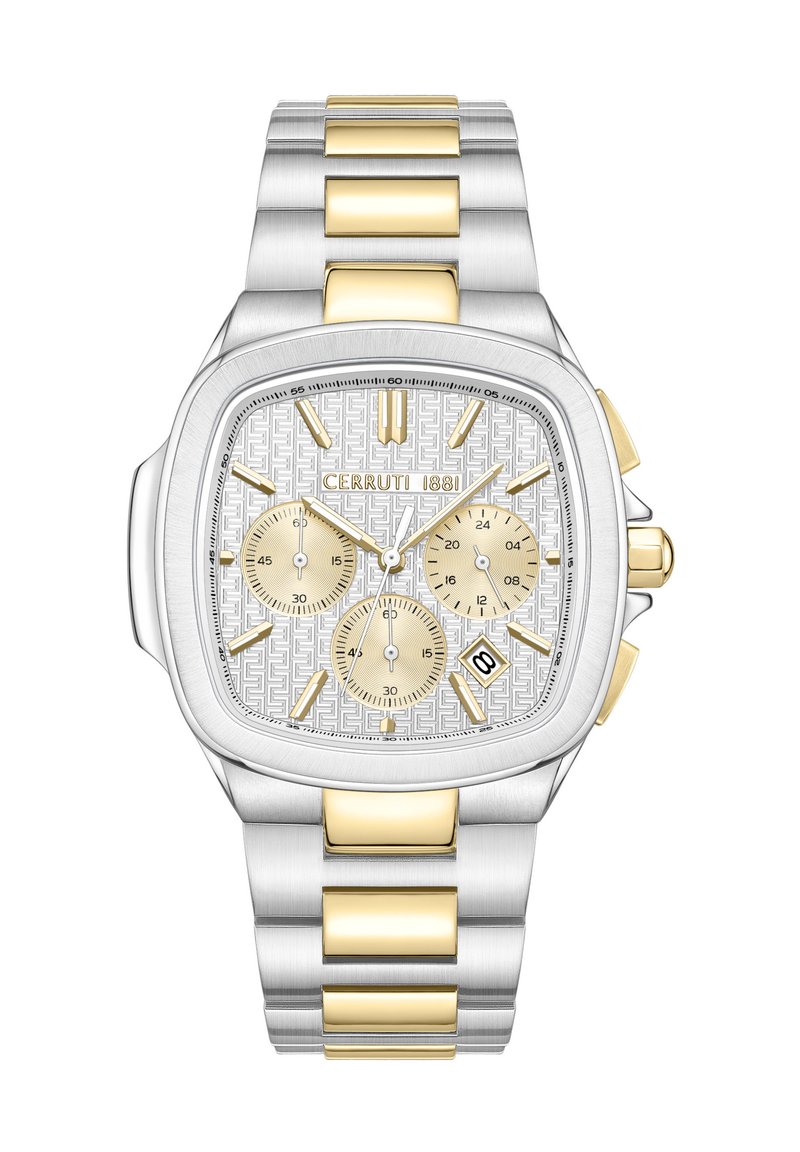 Orologio quadrato Cerruti 1881 con bracciale in acciaio inossidabile argentato e dorato, quadrante argentato texturizzato, tre sottodial e display della data.