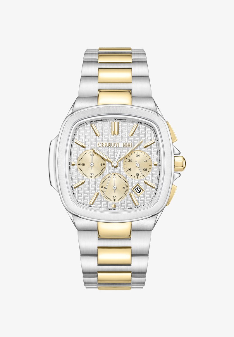 Orologio quadrato Cerruti 1881 con bracciale in acciaio inossidabile argentato e dorato, quadrante argentato texturizzato, tre sottodial e display della data.