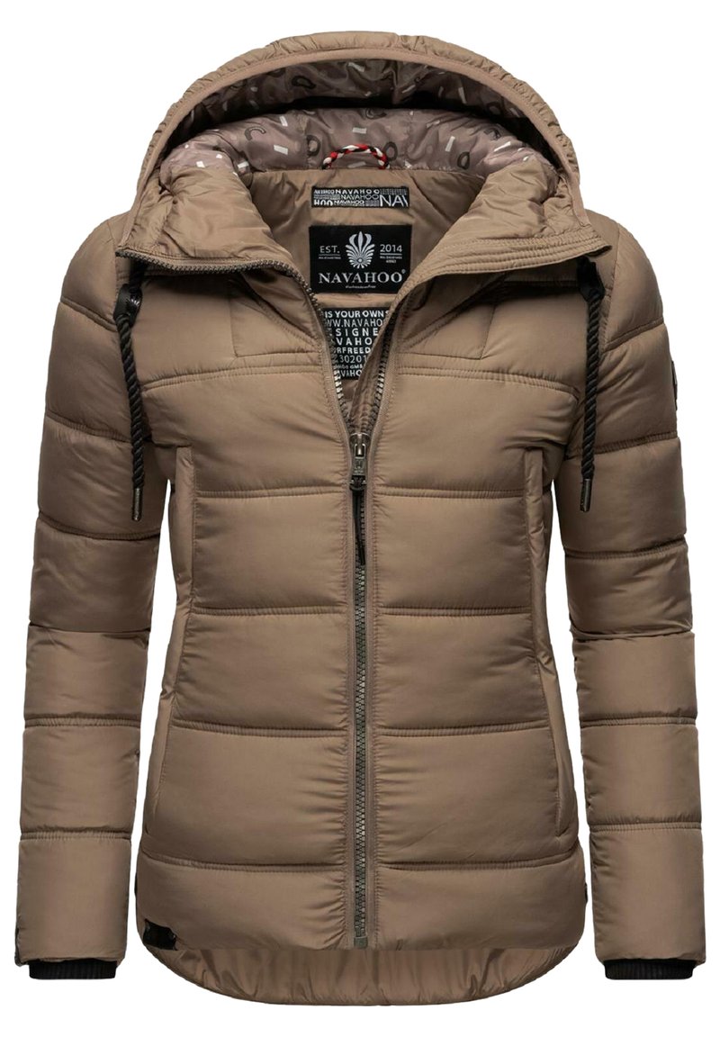 Braune gepolsterte Jacke mit Reißverschluss vorne, verstellbarem Kapuzen und schwarzem Kordelzug. Mit horizontalem Steppdesign und gerippten Strickbündchen.