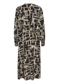 Langes, schwarzes und beige gemustertes Kleid mit langen Ärmeln, tailliertem Bund und geometrischen Formen in unterschiedlichen Größen. Strukturierter Stoff fällt sanft.