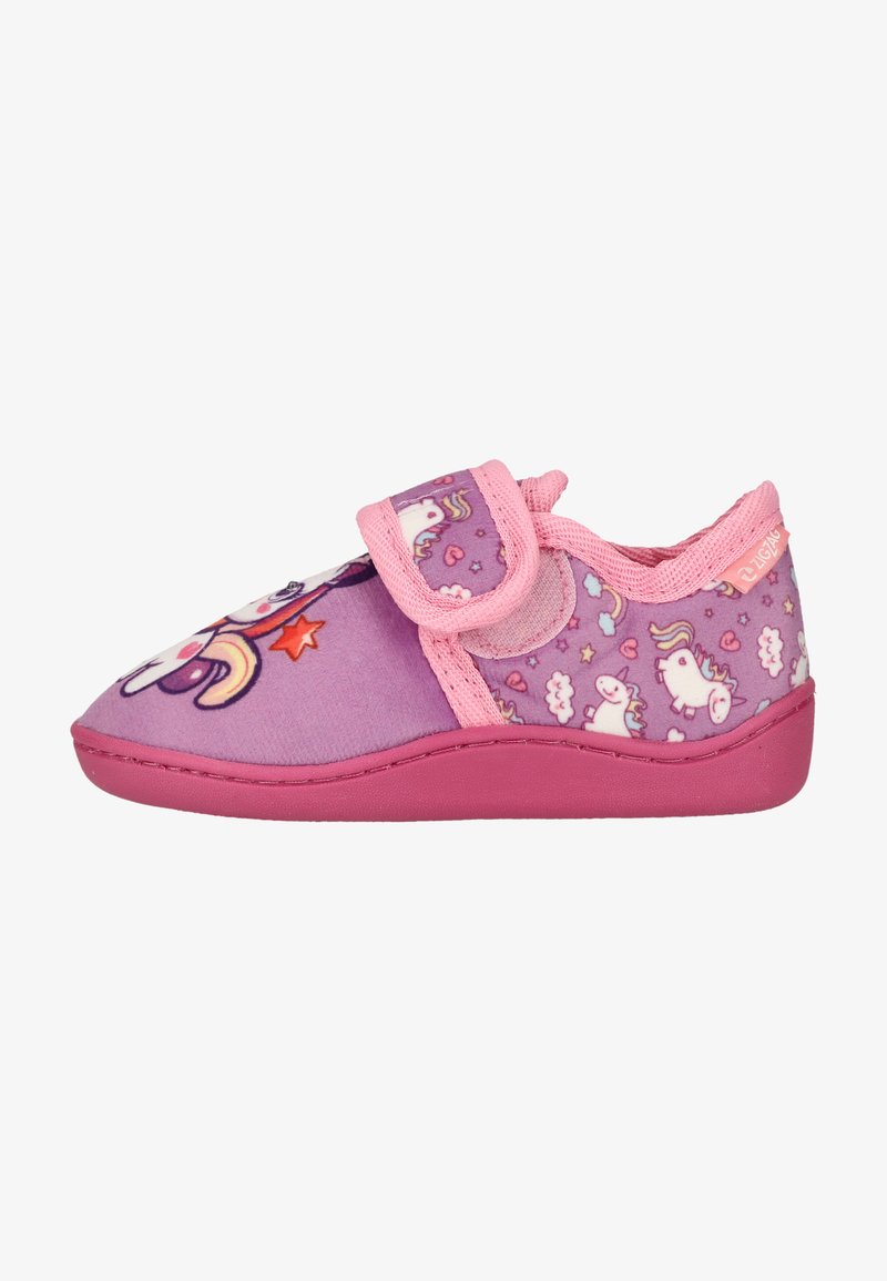Chausson enfant rose et violet avec motifs licorne et étoiles, doté d'une bride velcro et d'une semelle en caoutchouc.