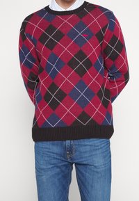 Pull en argyle rouge, bleu marine et noir avec un col et un ourlet côtelés. Porté sur une chemise à col, il présente un petit logo sur la poitrine.