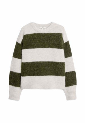 Crème en donkergroen gestreepte trui, gemaakt van zacht, pluizig materiaal; heeft een ronde halslijn en ribgebreide boorden en zoom.