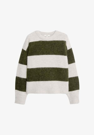 Crème en donkergroen gestreepte trui, gemaakt van zacht, pluizig materiaal; heeft een ronde halslijn en ribgebreide boorden en zoom.