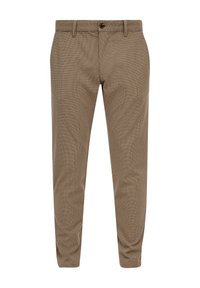 Pantalon marron fuselé avec un motif à carreaux subtil, fermeture à boutons et glissière, passants pour ceinture, et poches avant.