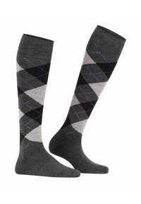 Calze fino al ginocchio in nero, grigio e grigio chiaro, con un motivo argyle e dettagli blu. Realizzate in un materiale morbido e strutturato.