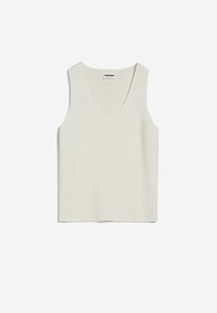 Haut sans manches à col en V en tissu tricoté blanc cassé, présentant une texture côtelée subtile et un ourlet droit aux bords nets.