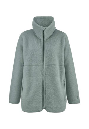 Lichtgrijze fleecejas met hoge kraag, volledige ritssluiting aan de voorkant en ritssluitingen aan de zijkanten, voorkant weergegeven op een witte achtergrond.