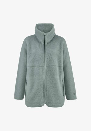 Lichtgrijze fleecejas met hoge kraag, volledige ritssluiting aan de voorkant en ritssluitingen aan de zijkanten, voorkant weergegeven op een witte achtergrond.