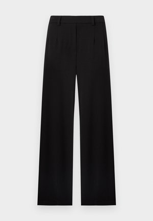 Pantalon noir à jambes larges, ajusté, avec passants pour ceinture et plis devant, présenté sur un fond blanc.