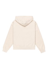 Cream-colored hooded sweatshirt, soft fabric, ribbed cuffs and hem, kangaroo pocket, adjustable strings on the hood, minimalistic design.
