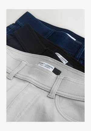 Jersey-Leggings in drei Farben gestapelt: Grau, Schwarz und Dunkelblau. Eigenschaften umfassen eine glatte Textur und intakte Etiketten, die die volle Länge angeben.