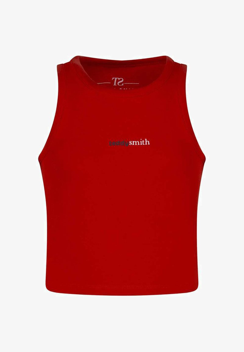 Haut court rouge sans manches avec encolure ronde et logo "teddy smith" imprimé en petits caractères noirs et blancs au centre devant.