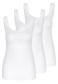 White camisoles featuring lace accents on the neckline, thin straps, and a fitted design. Package contains three identical pieces.