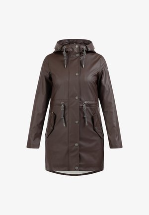 Brun vandtæt frakke med hætte, frontknapper, snøre i taljen og to sidelommer. Glat, blank tekstur med grå detaljer.