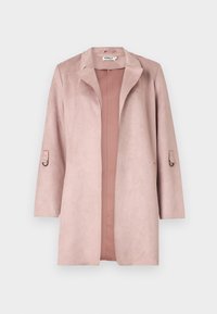 Light pink, longline jacket made of soft faux suede. Features a notched collar, three-quarter sleeves with adjustable straps, and a clean front.