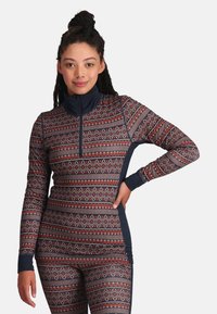 Langarm-T-Shirt mit Reißverschluss, das ein multicolored geometrisches Muster aufweist, aus elastischem Stoff mit einem navyblauen, einfarbigen Kontrastbesatz.