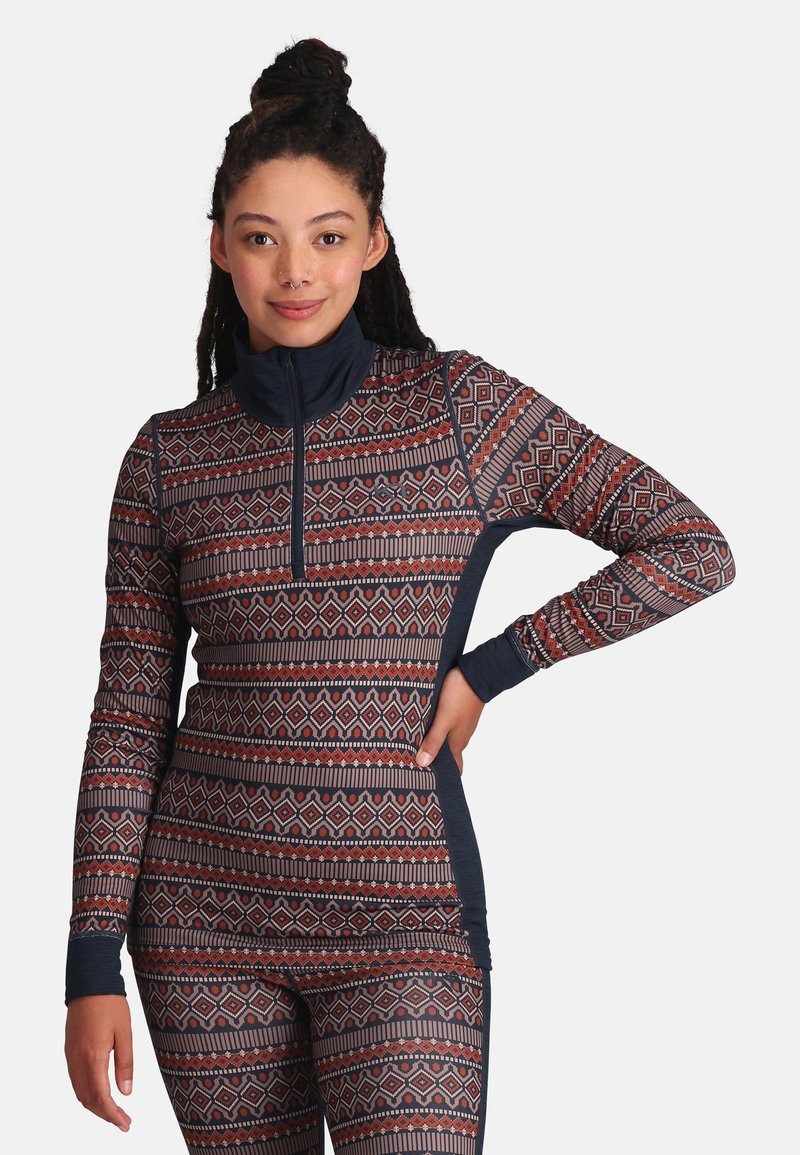Langarm-T-Shirt mit Reißverschluss, das ein multicolored geometrisches Muster aufweist, aus elastischem Stoff mit einem navyblauen, einfarbigen Kontrastbesatz.