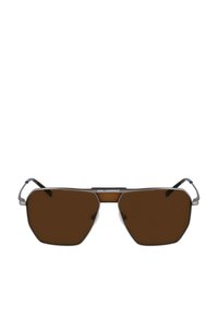 Occhiali da sole di colore marrone con una montatura geometrica a forma ottagonale. Le braccia e il ponte in metallo accentuano il design. Presentano il marchio "Karl Lagerfeld" sulla parte superiore.