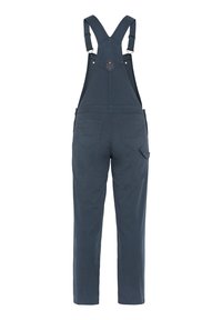 Marineblauwe katoenen overalls met verstelbare schouderbanden, metalen hardware, zijzakken en twee achterzakken. Gladde textuur zonder patronen.