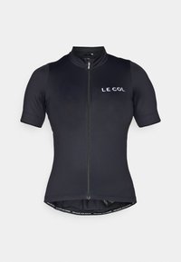 Schwarzes kurzärmeliges Fahrradtrikot mit hohem Kragen, durchgehendem Reißverschluss und dezentem "LE COL"-Logo in Weiß auf der Brust. Glatte Stofftextur.