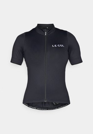 Zwarte short-sleeve fietsjersey met een hoge kraag, volledige rits aan de voorkant en subtiele "LE COL" logo in wit op de borst. Soepele stofstructuur.