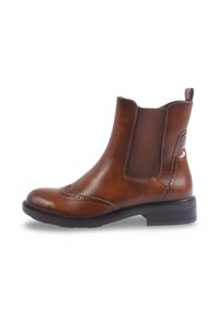 Bottine en cuir marron avec panneaux latéraux élastiques, bout rond, détails en aile et une semelle noire texturée.
