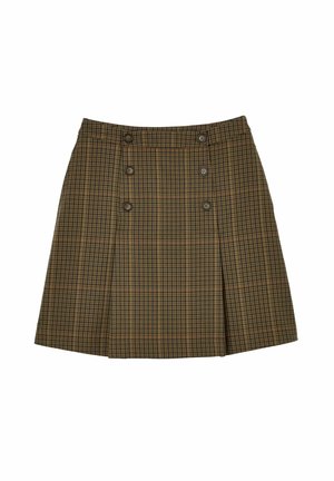 Brauner karierter Rock mit ausgestelltem Design, doppelreißiger Front mit vier dunklen Knöpfen und einem strukturierten gewebten Stoff.