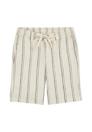 Beżowe szorty z czarnymi pionowymi paskami, elastycznym pasem, przednim sznurkiem do regulacji i bocznymi kieszeniami.