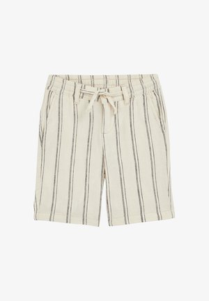 Beżowe szorty z czarnymi pionowymi paskami, elastycznym pasem, przednim sznurkiem do regulacji i bocznymi kieszeniami.
