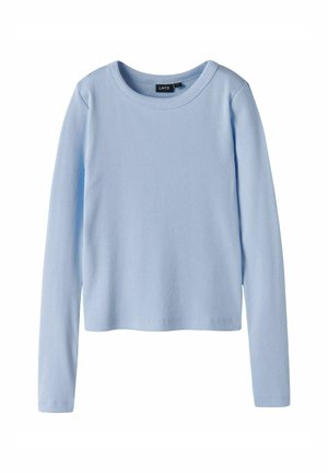 Lichtblauw langemouw ribbeltop met een ronde halslijn en rechte zoom. Gemaakt van een gestructureerde katoenstof, die een getailleerde silhouet biedt.