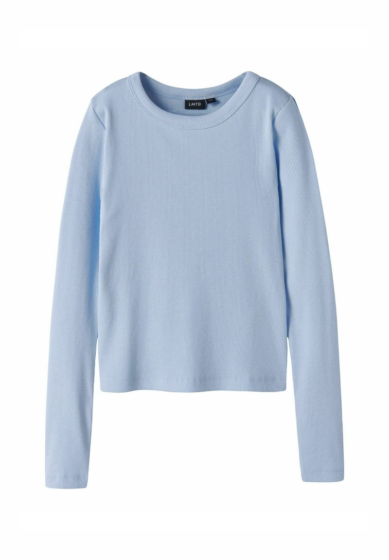 Lichtblauw langemouw ribbeltop met een ronde halslijn en rechte zoom. Gemaakt van een gestructureerde katoenstof, die een getailleerde silhouet biedt.