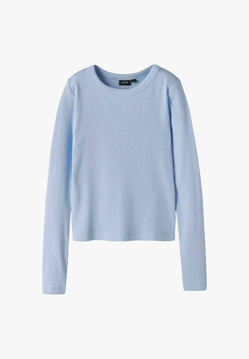 Lichtblauw langemouw ribbeltop met een ronde halslijn en rechte zoom. Gemaakt van een gestructureerde katoenstof, die een getailleerde silhouet biedt.