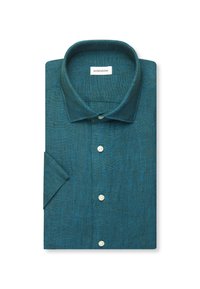 Chemise bleu sarcelle à manches courtes avec col ouvert, boutons blancs et étiquette de marque « seidensticker » à l’intérieur du col.