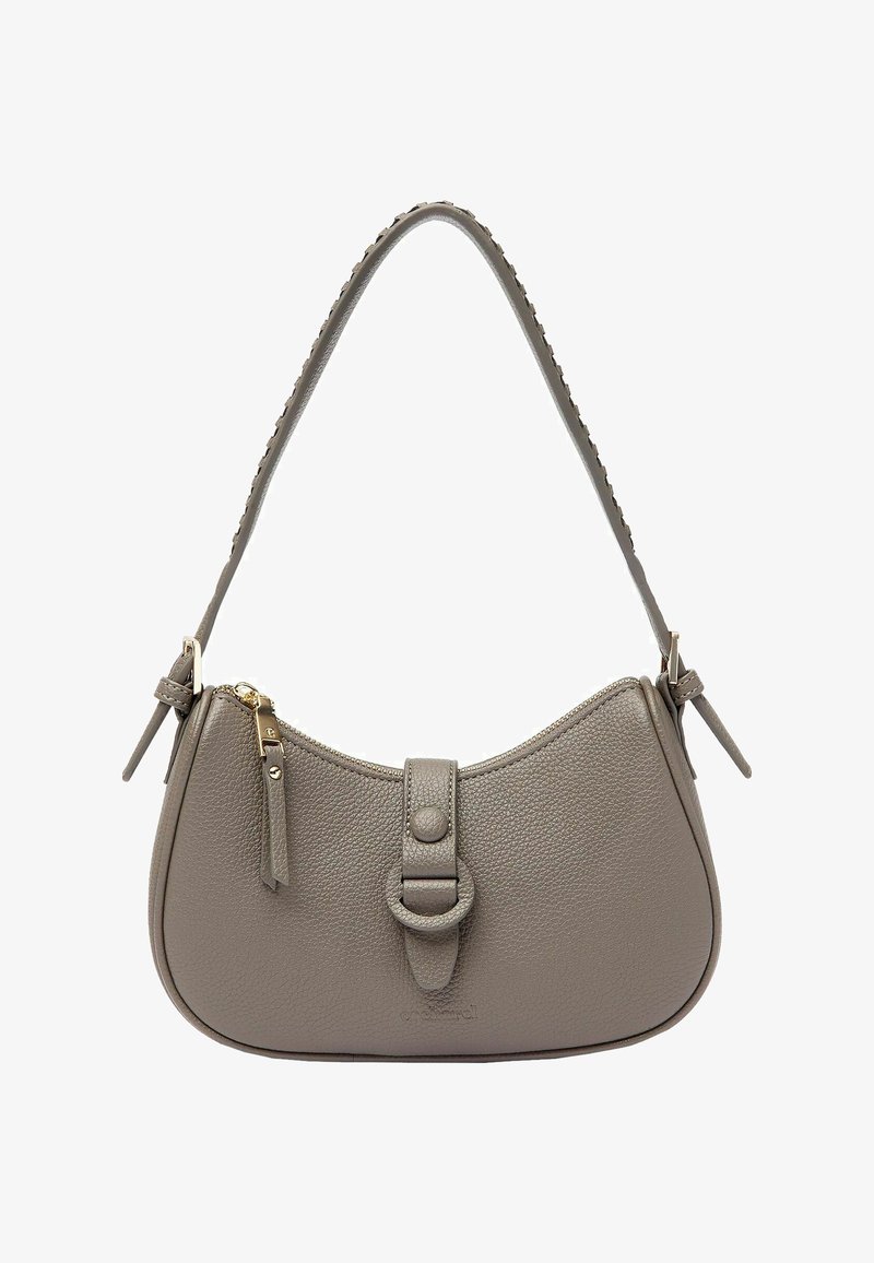 Hobo tas in lichtgrijs gestructureerd leder, met een afgeronde vorm, verstelbare schouderriem, goudkleurige hardware en een bovenste ritsluiting.