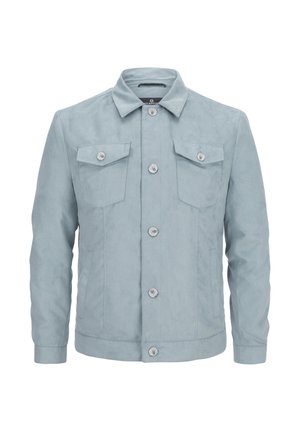 Light blue suede jacket with a pointed collar, front button closure, two chest pockets, and side pockets. Smooth texture, casual design.