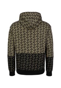 Hoodie met een zwart patroon op een olijfgroen stof, met een zwarte onderzijde en ribgebreide manchetten voor een getailleerd ontwerp.