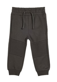 Dunkelgraue Sweatpants mit elastischem Bund, verstellbarem Kordelzug, Taschen an den Seiten und gerippten Akzenten im Kniebereich. Weicher Stoff.