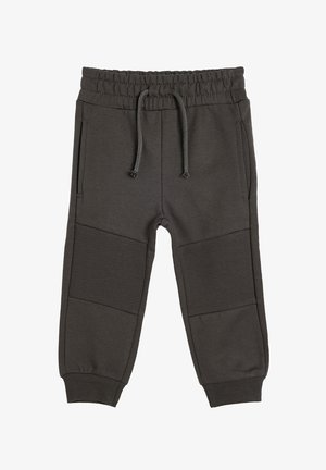Dunkelgraue Sweatpants mit elastischem Bund, verstellbarem Kordelzug, Taschen an den Seiten und gerippten Akzenten im Kniebereich. Weicher Stoff.