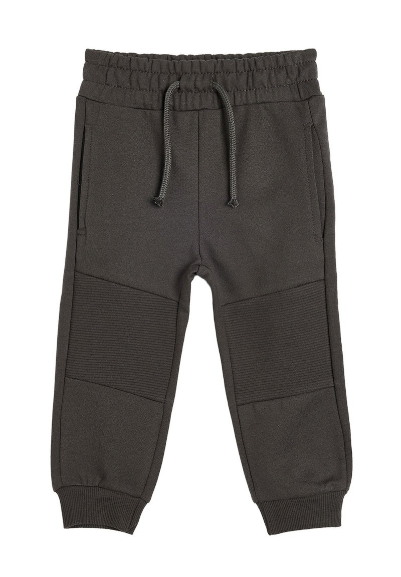Mørkegrå sweatpants med elastisk talje, justerbar snor, sidelommer og ribbede detaljer ved knæområdet. Blød stofstruktur.
