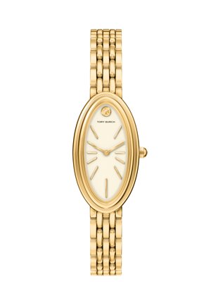 Guldtonet ovalt armbåndsur med kædet lænke, minimale urskive markører og Tory Burch-logo på en cremefarvet skive.