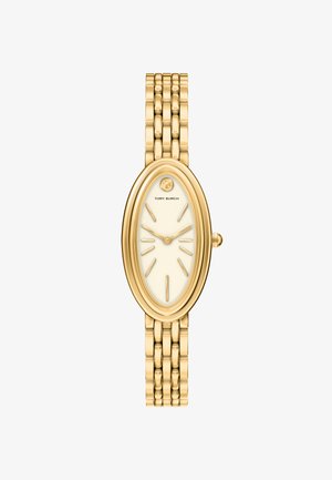 Montre-bracelet ovale en ton or avec bracelet à maillons, index minimalistes et logo Tory Burch sur un cadran crème.