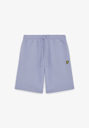 Světle fialové volnočasové šortky s elastickým pasem a šňůrkou, s malým žlutým a černým vyšívaným logem ptáka na pravé noze.