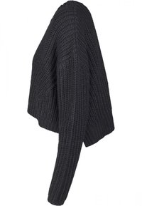 Czarny sweter z dzianiny o krótkim kroju, długimi rękawami i teksturowanym materiałem z prążkowanym wzorem.