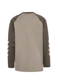 Långärmad t-shirt med ljusgrå kropp och mörkgrå raglanärmar. Vita ränder pryder vänster ärm. Mjuk bomullsmaterial.