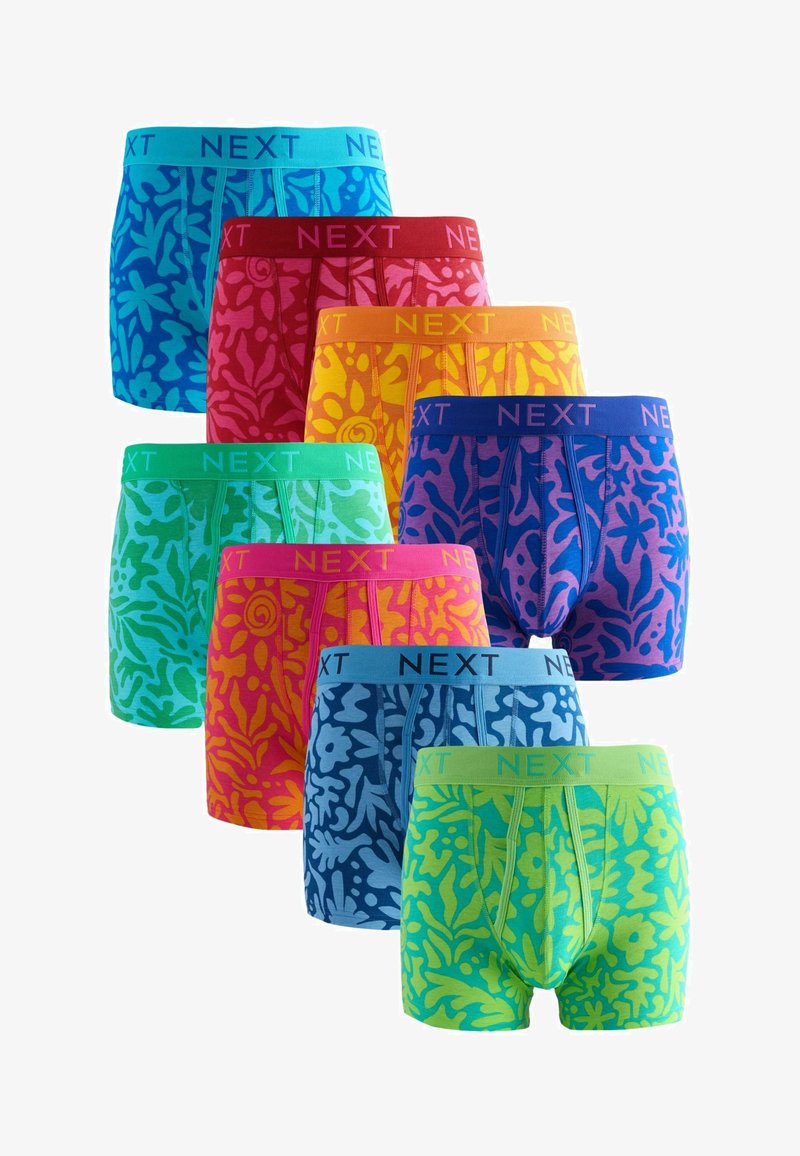 Des shorts boxers colorés et à motifs de NEXT empilés en une séquence dégradée. Les matériaux sont en tissu doux avec divers motifs floraux et abstraits.