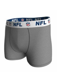 Caleçons gris pour hommes avec une ceinture blanche présentant le texte bleu « NFL » répété et des logos du bouclier NFL rouges, blancs et bleus.